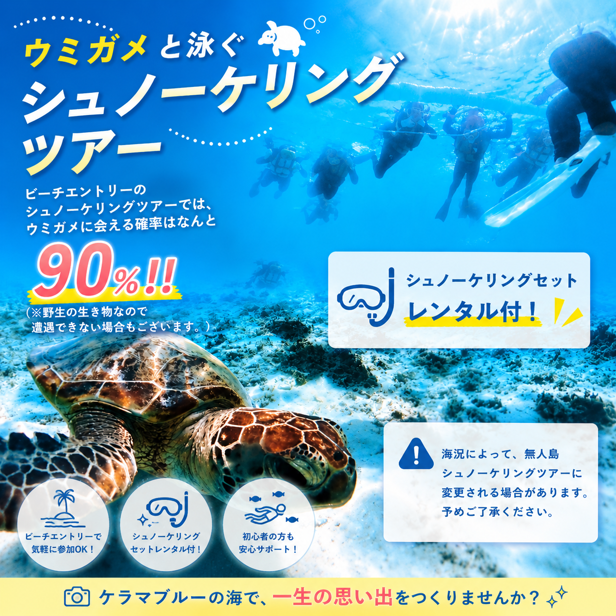 沖縄でウミガメと泳ぎたい！シュノーケリングで人気の慶良間エリアをご紹介